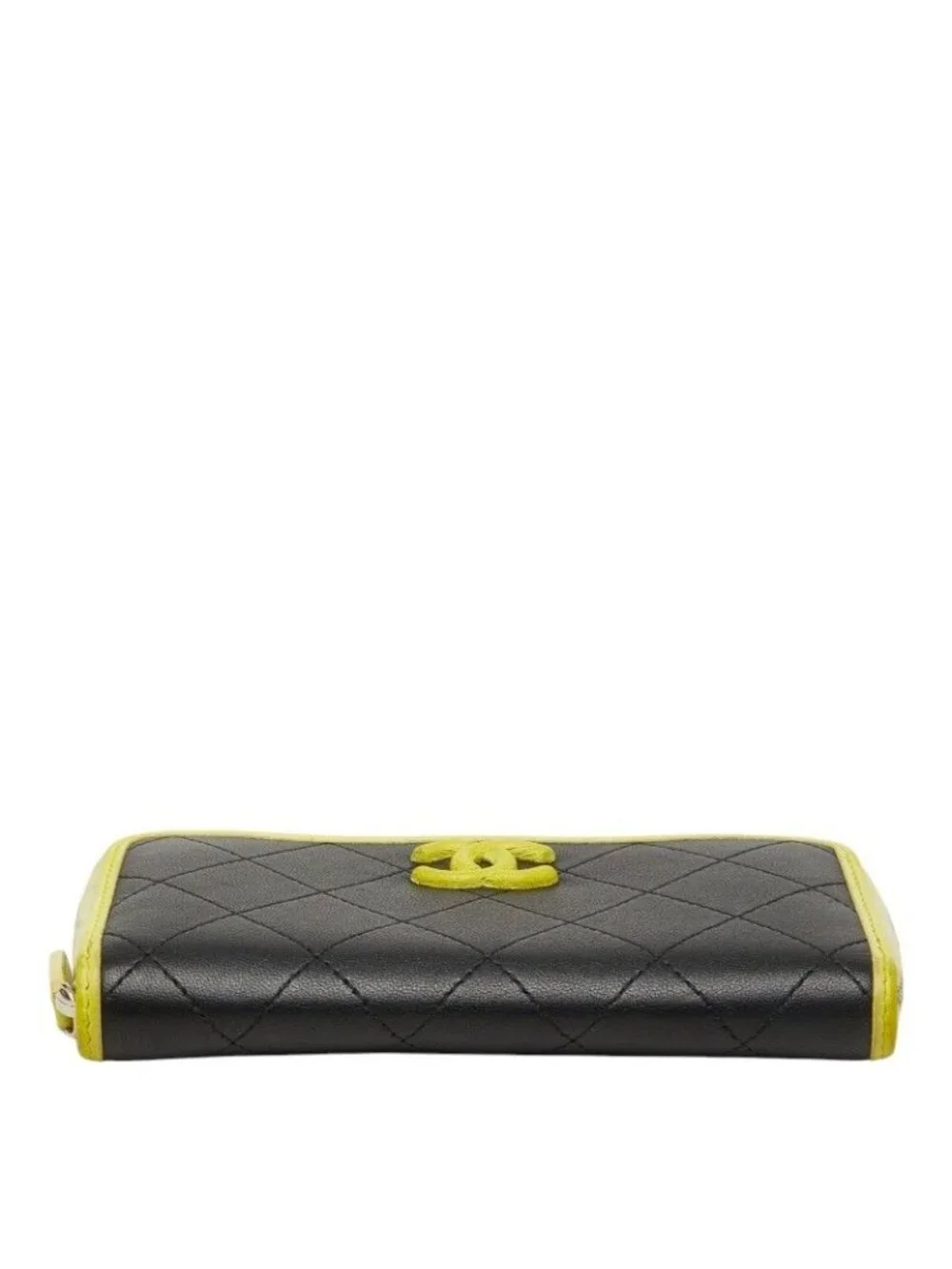 Chanel CC Logo Quilted Zip Around Wallet Black Yellow Leather